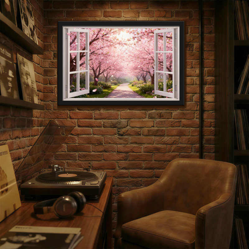 Landscape & Nature Cherry Blossom Pathway Garden View Window Frame, 12" H x 18" W