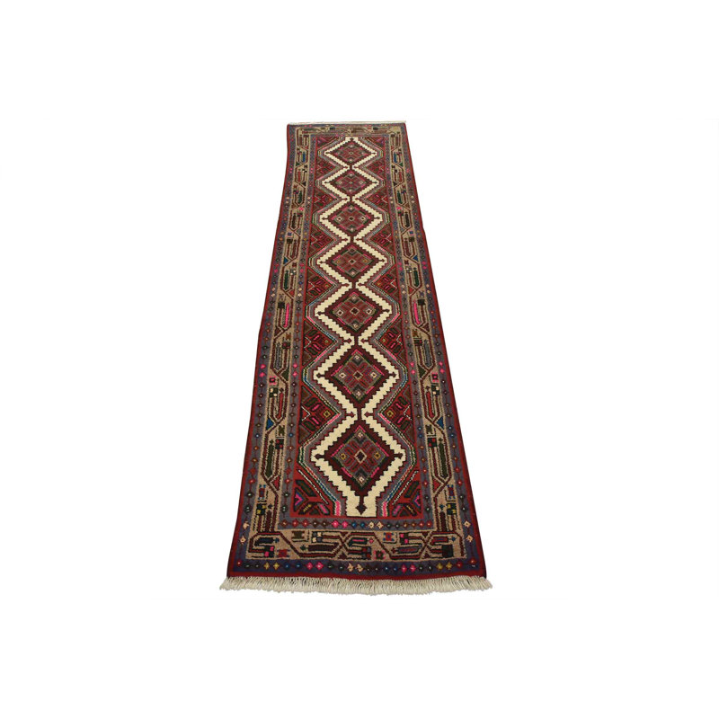 Tapis rouge rétro en laine noué à la main 2 pi 9 po x 9 pi 4 po Tribal Vintage