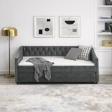 Daybed With Trundle Upholstered Tufted Sofa Bed, With Button On Back And Copper Nail On Waved Shape Arms