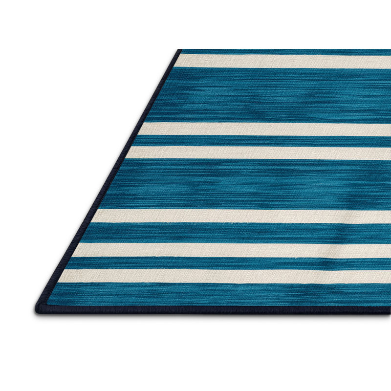Tapis bleu à rayures horizontales lavable à la machine, Carré 7 pi