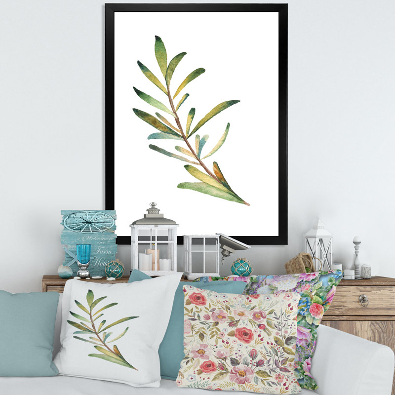Feuille de branche de romarin - Peinture sur toile, H 40 po x l 30 po x 1,5 po, Cadre photo noir