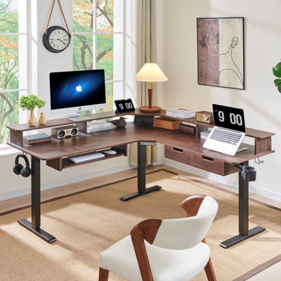 60" L-shaped Electric Standing Desk With Power Outlets & Led Lights by Latitude Run
