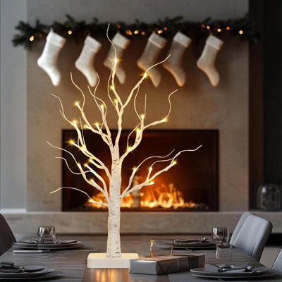 Bouleau avec lumières à DEL, décorations d'arbre de Noël d'intérieur avec minuterie, mini petite lampe artificielle à brindilles pré-éclairées à pile pour centre de table