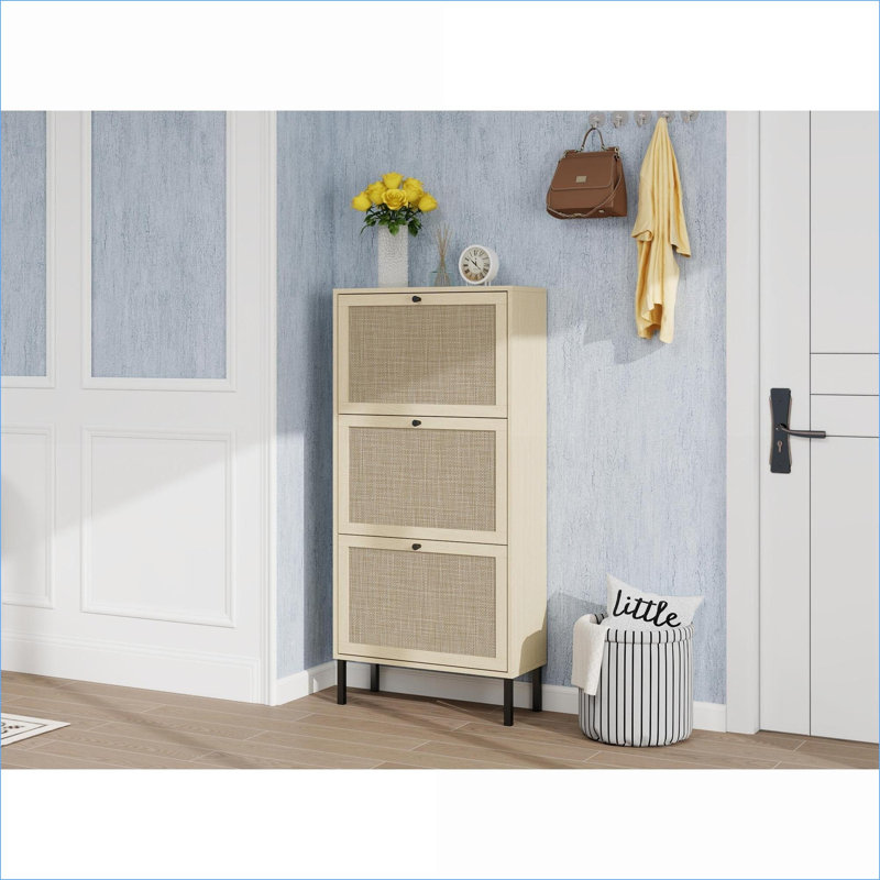 Shoe Storage Cabinets | 3-Door Freestanding Modern Engineered Rattan Shoe Storage Cabinet, Metal Base | Beige | Particle Board