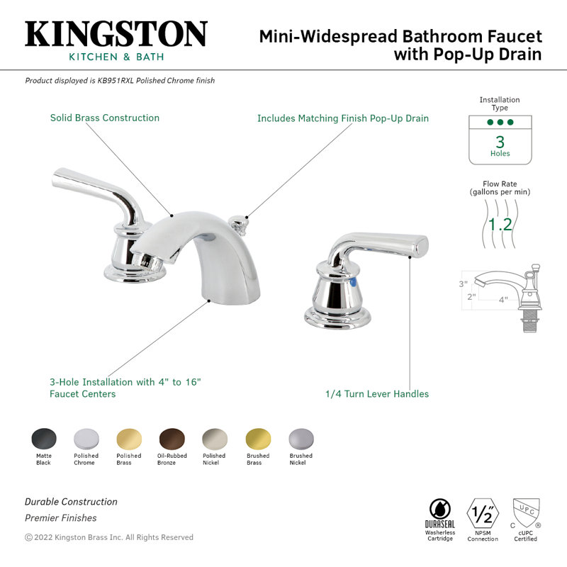 Kingston Brass Restoration Two-Handle 3-Hole Deck Mount Mini-Widespread Bathroom Faucet with Plastic Pop-Up, Brushed Brass