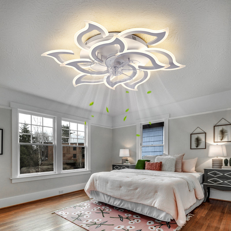 Modern Led Ceiling Fan Light With Remote, Flower Petal Design, Dimmable Lighting, 6-Speed Quiet Fan, Decorative Flush Mount For Bedroom & Living Room