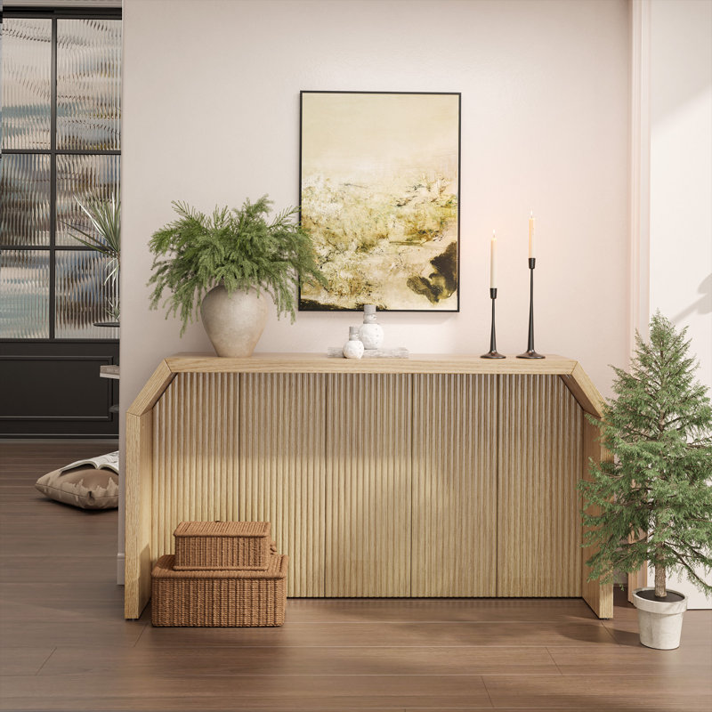 55.9'' L Fluted Wood Console Table, Oak White