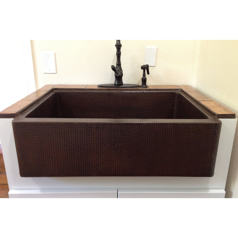 30" Hammered Copper Kitchen Apron Single Basin Sink with Matching Drain and Accessories