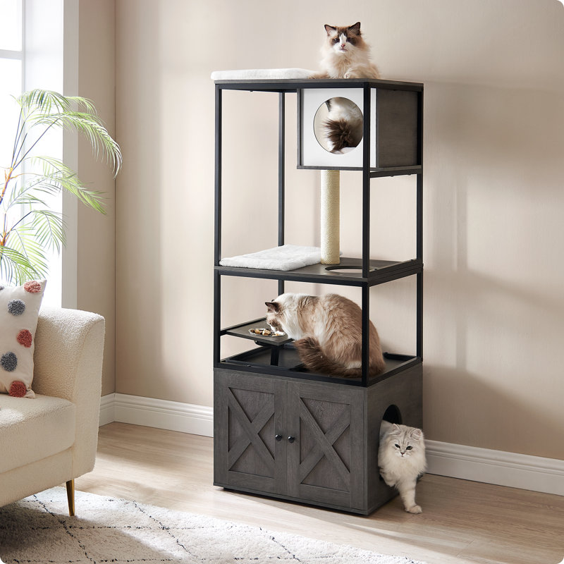 Kimmel 58" Cat Condo with Litter Box Enclosure and Elevated Bowls, Misty Gray/Black