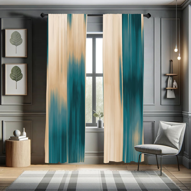 Microfiber Floral Semi-Sheer Rod Pocket Curtain Panels, 28" W x 63" L, Turquoise/Beige