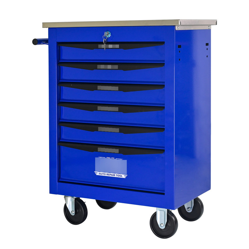 Chariot à outils 6 tiroirs pour le garage, chariot roulant en métal avec roues, noir et bleu, verrouillage par clé, chariot multifonctionnel à roulement, tiroirs verrouillables avec rangement bleu, surface en acier lisse