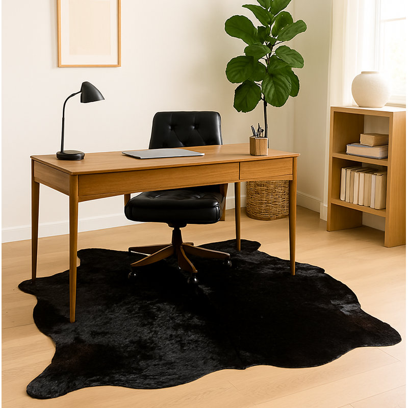 Tapis en cuir de vache noir fait à la main 6 pi x 7 pi
