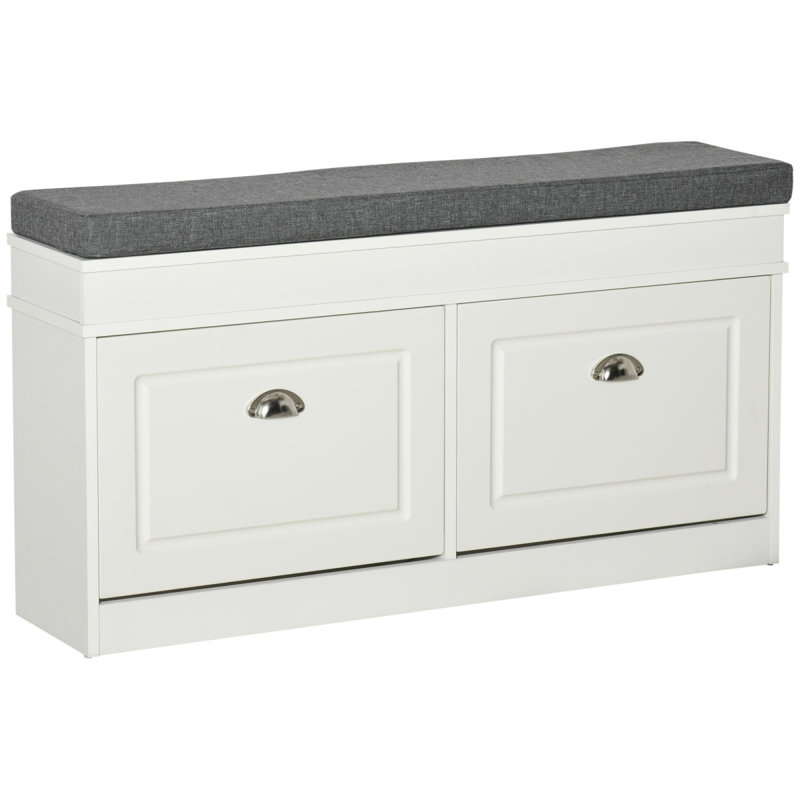 Modern Shoe Rack Bench Storage Organizer With Cushion, 2 Drawers, Adjustable Shelf, Holds 8 Pairs, White