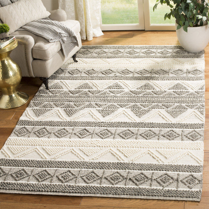 Tapis gris / beige en laine / coton tissé à la main Southwestern, Rectangle 11 pi x 15 pi
