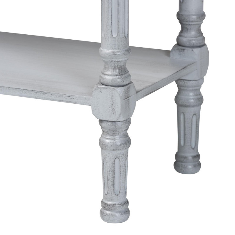 Gray Wood and Mirrored Glass 2-Drawer Console Table with Storage Shelf