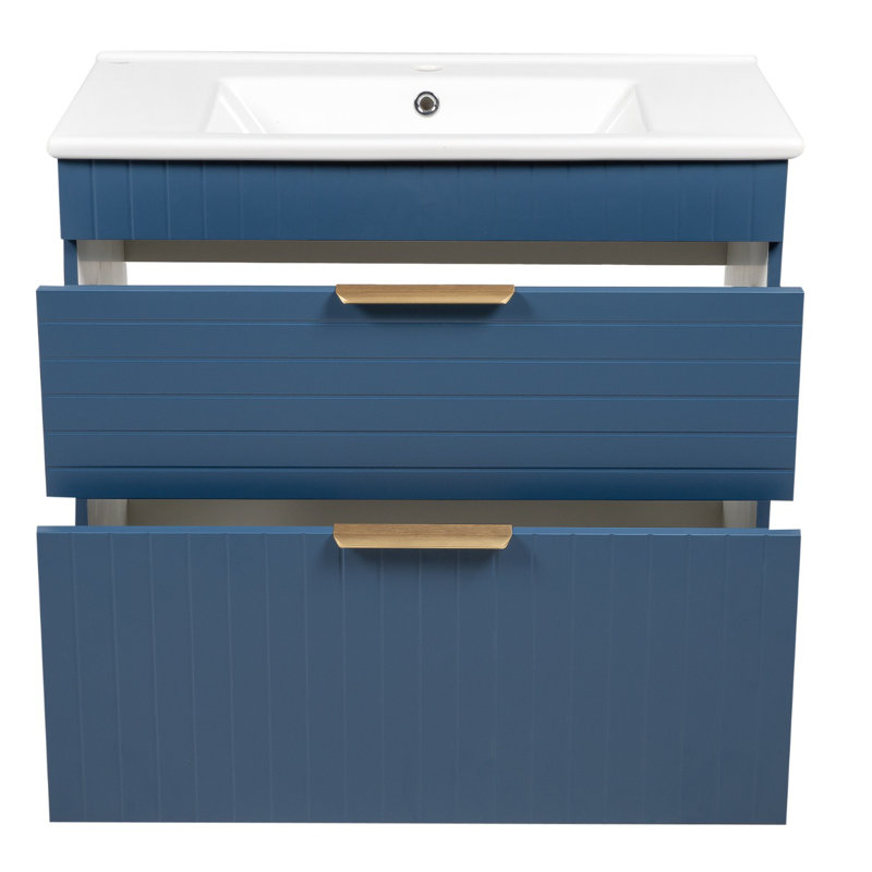 Meuble-lavabo sur pied simple en céramique avec plateau en céramique 34 po Jakkar, Bleu mat