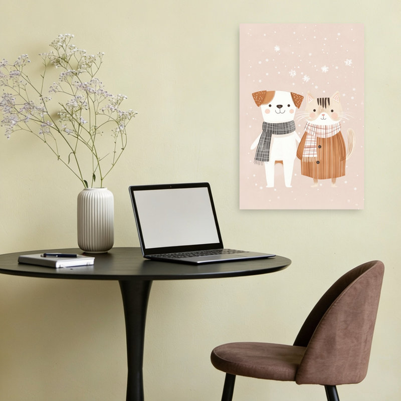 Cozy Winter Friends Playful Whimsical Abstract Cat Dog Winter Landscape Wall Art Print by Mathieu - Wrapped Canvas Print