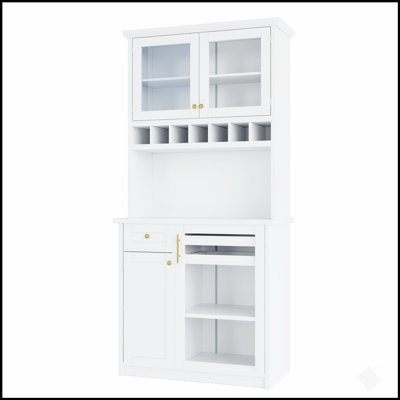 Buffet de style campagnard avec vaisselier, armoire haute de cuisine avec casier à vin et tablettes réglables pour le rangement de la salle à manger