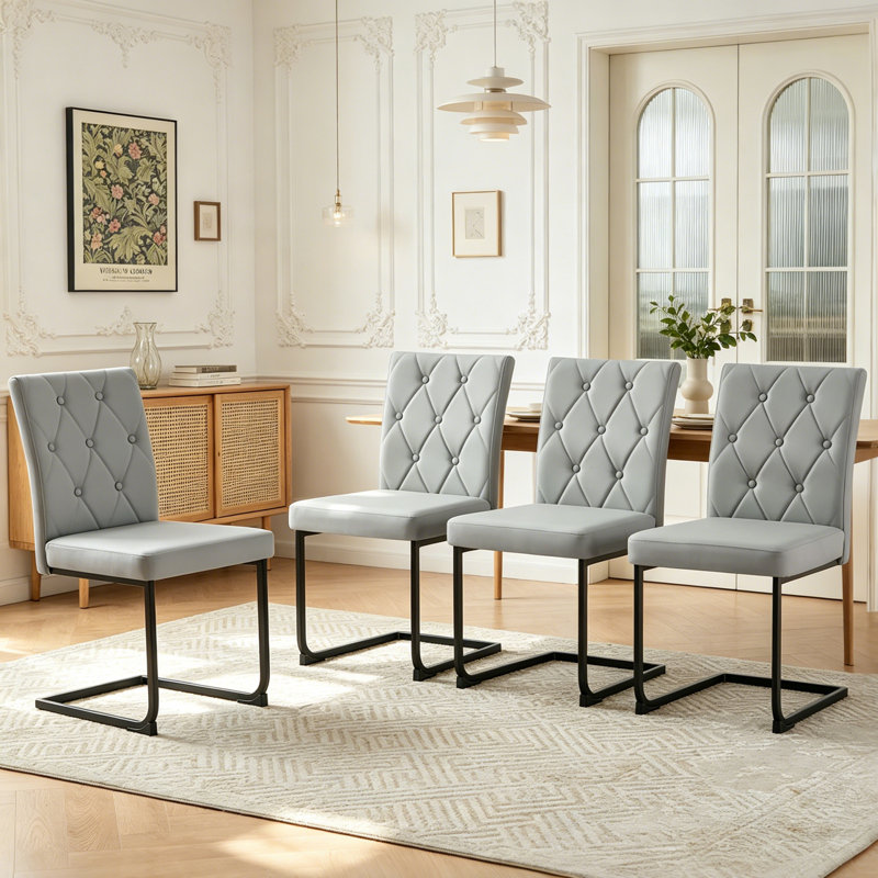 Upholstered Dining Chair with 8.5CM Thick Seat, Grey Faux Leather, 4