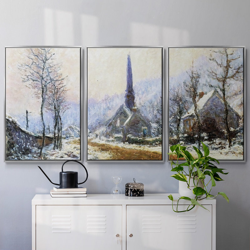 " Church At Jeufosse, Snowy Weather, 1893 " 3 - Pieces, Silver, 24" H x 48" W x 2" D