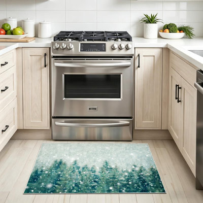 Blue Machine Washable,Winter Light Scene Vintage Tree Holiday Landscape Abstract Snow Retro Indoor Area Rug