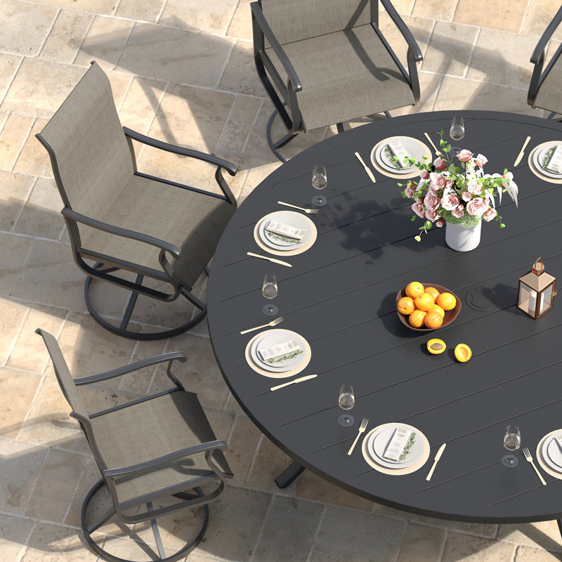 Orlando 8-Person Patio Dining Set with 63" Round Dining Table and 8 Swivel PVC-coated polyester Chairs, Black/Brown
