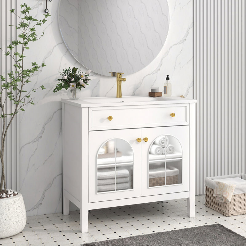 Meuble-lavabo autoportant avec tablette de rangement, Blanc