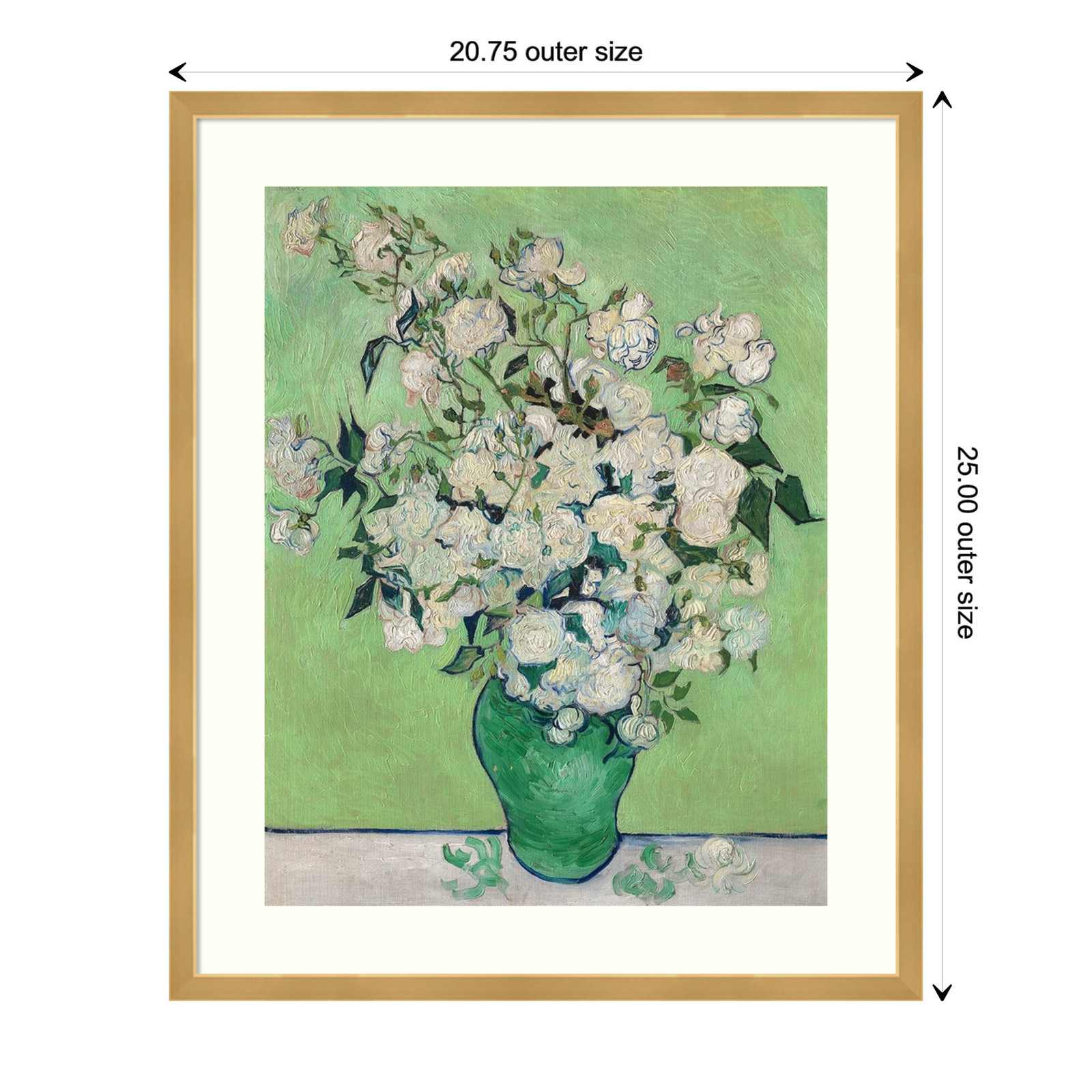 Roses, 1890 (Green Vase) Painting, 25.07" H x 20.82" W x 0.88" D, Gold