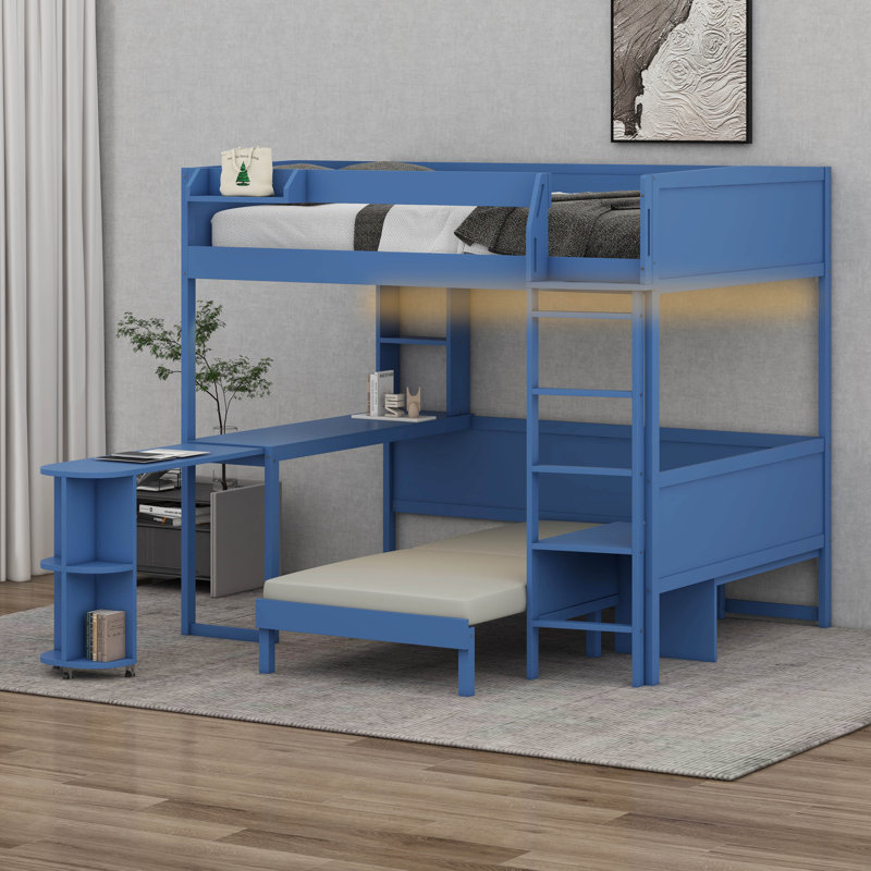 Lit mezzanine double avec bureau extensible et lumières, structure de lit mezzanine en bois avec tablettes de rangement et canapé-lit pliable rembourré