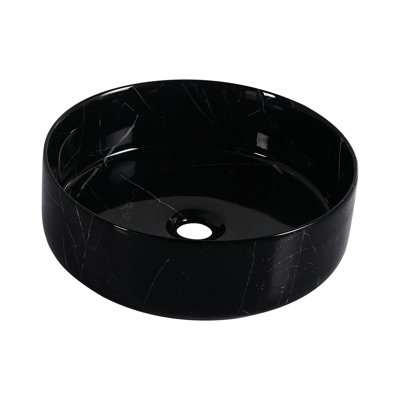 Lavabo de comptoir rond en céramique pour salle de bain, art noir et blanc, glacis cuit, lisse, largeur 15,82 po, profondeur, 4,76 po, cuve 18,76 lb, facile à nettoyer, teinture à trois couches,