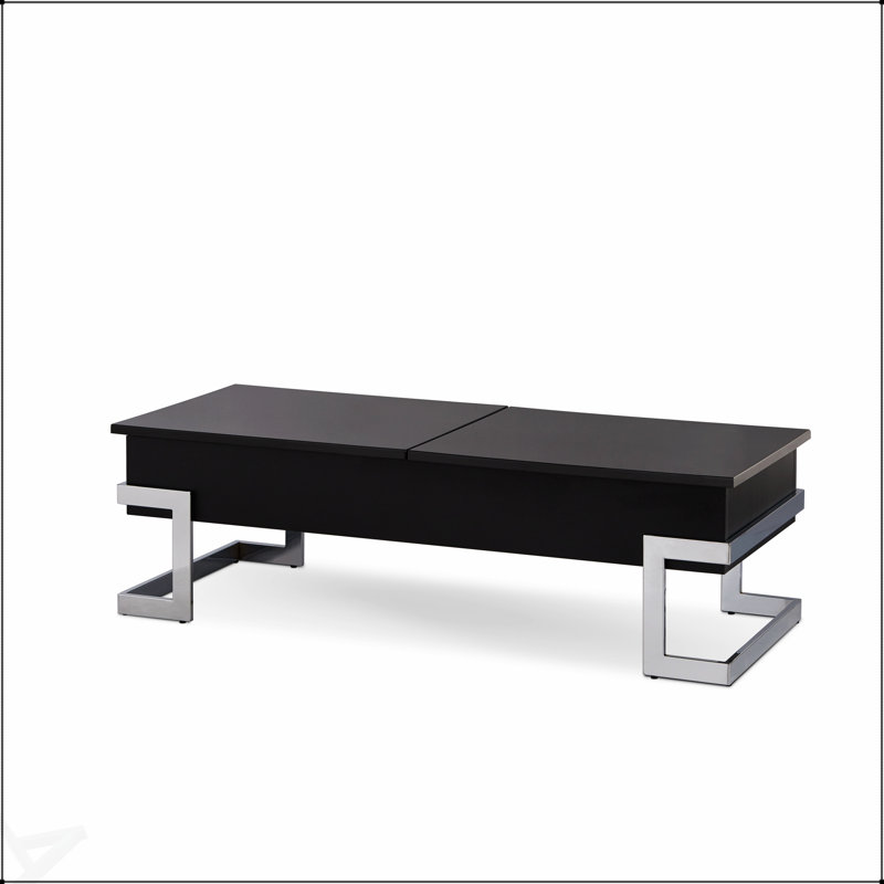 Table basse Calmam à finition ultrabrillante et chromée noire avec plateau relevable pour la vie moderne et le rangement caché