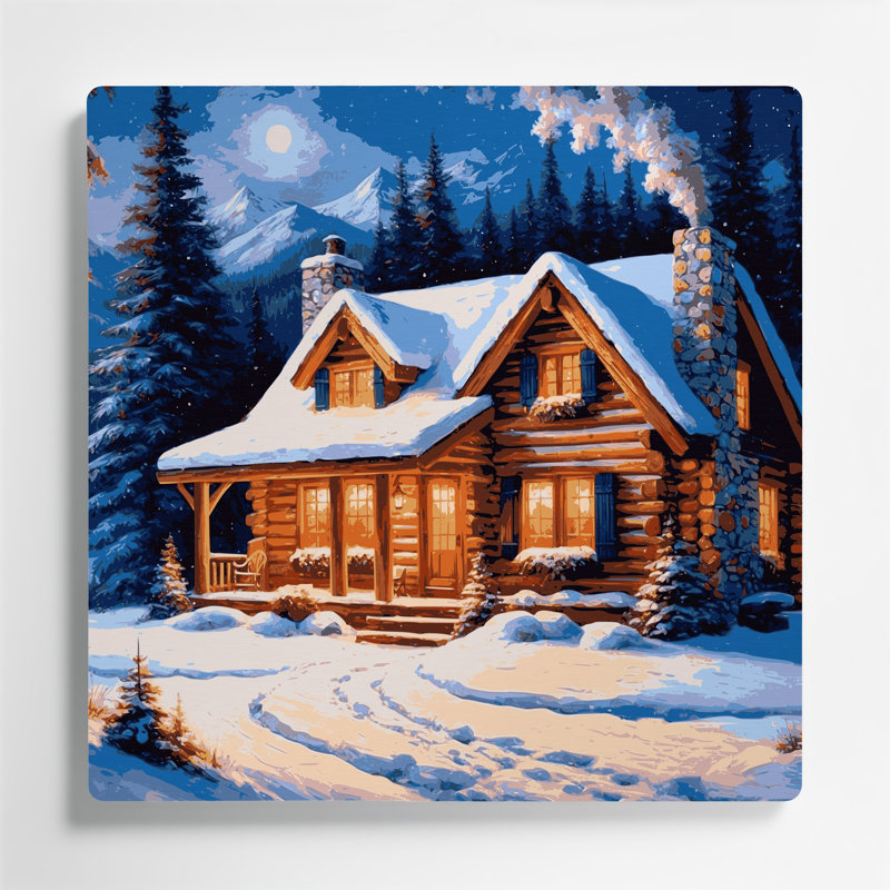 Art mural en métal «Christmas Mountain Cabins» mauve