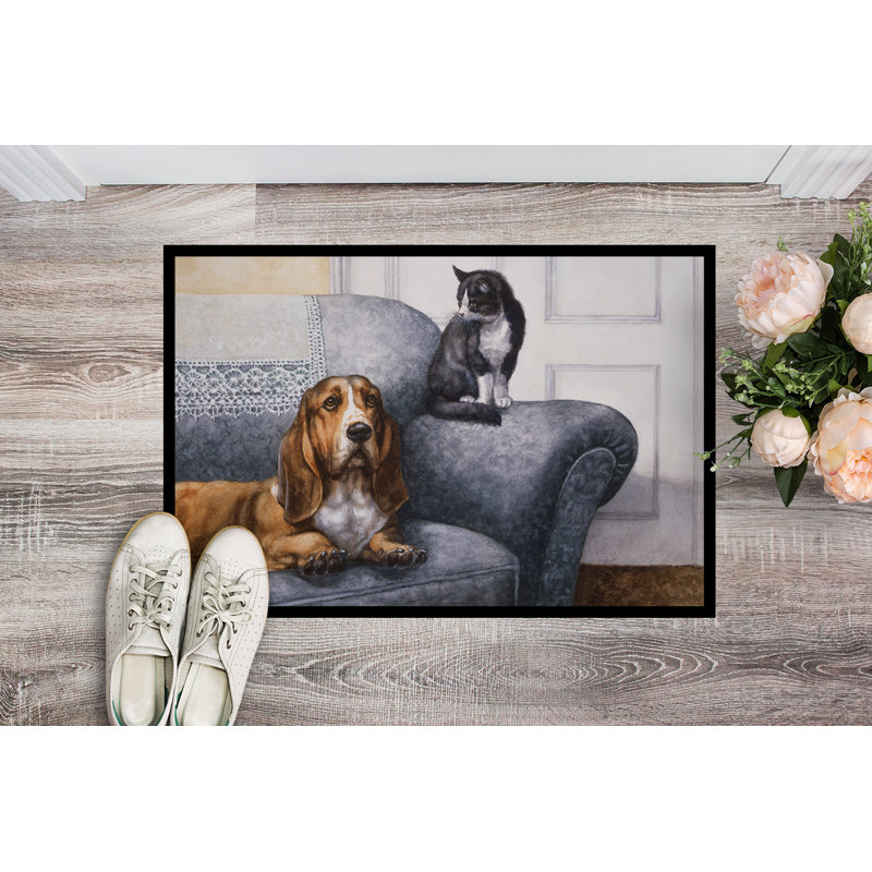 Tapis d'extérieur antidérapant Basset Hound and Cat on Couch, Rectangle 2 pi x 3 pi
