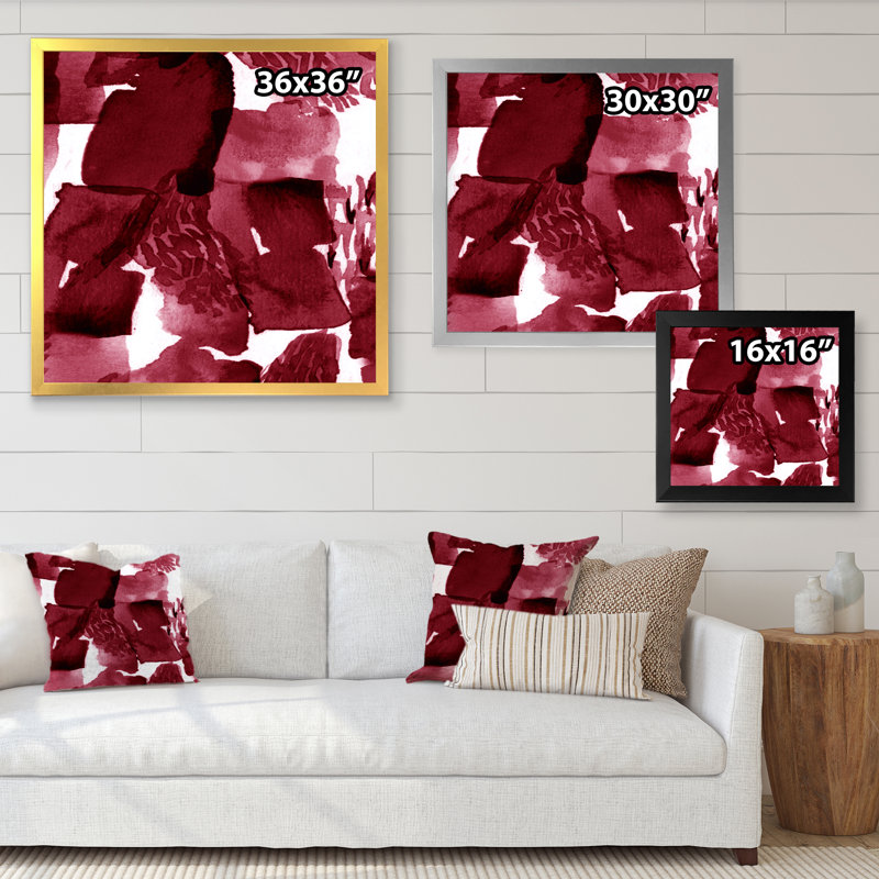 Abstract Burgundy Strokes On White - Modern Canvas Wall Art Print, Black Picture Framed, 30" H x 30" W