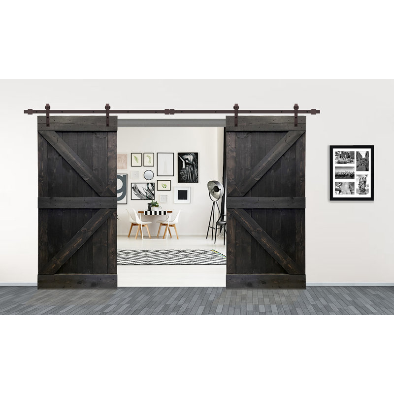 Porte de grange en panneaux de bois et métal teintés double pré-assemblé avec ensemble de quincaillerie d’installation