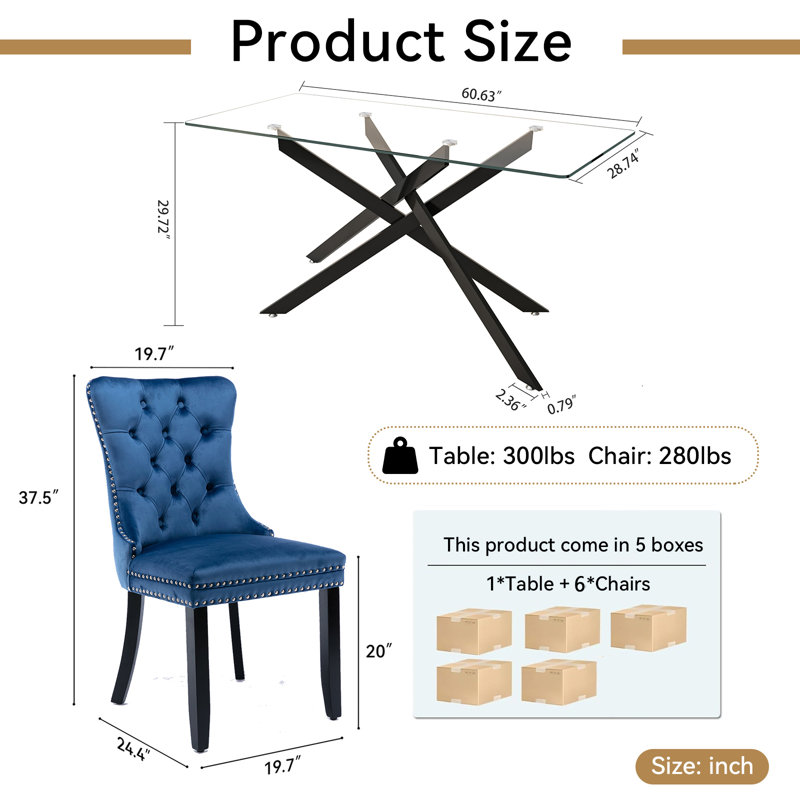 7 Piece Glass Dining Table Set for 6, Modern 60" Glass Kitchen Table with Metal Leg, Tufted Velvet Upholstered Dining Chair, Rectangle Dining Table and Chairs Set for Kitchen