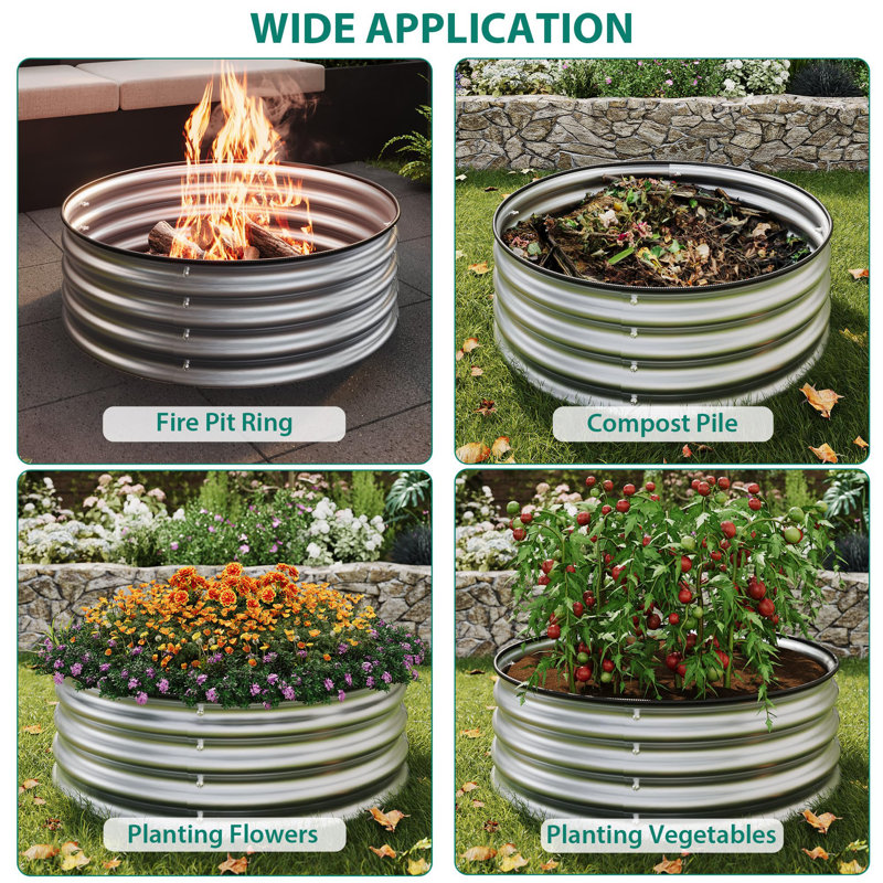 3 Pack Round Metal Raised Garden Beds, Galvanized Steel Bottomless Planters with Rubber Edge, Easy Assemble Outdoor Garden Beds