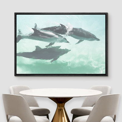 IDEA4WALL Framed Canvas Print Wall Art Faded Vintage Pod Of Dolphins In Water Nature Animals Photography Realism Nautical Scenic Colorful Duotone For Living Room, Bedroom, Office - 24"X36" BLACK