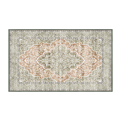 Tapis oriental beige / vert en chenille / polyester tissé à la main Firdevs