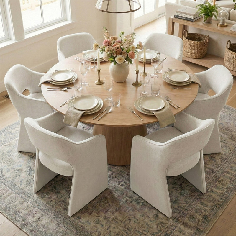 6 - Person Dining Table Sets With Round Table & 6 Upholstered Waterproof Chairs, Beige, Yellow