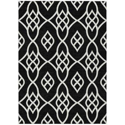 8' X 10' Black And Ivory Trellis Washable Indoor Outdoor Area Rug