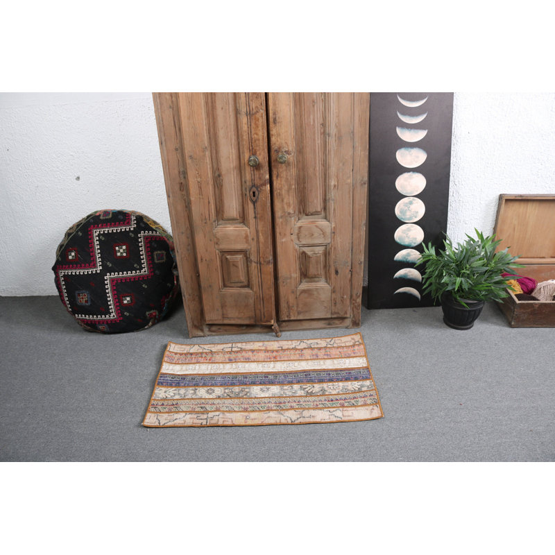 Authentic Turkish Oushak Rug: Vibrant Patchwork Design in Neutral Beige Ideal for Entryways