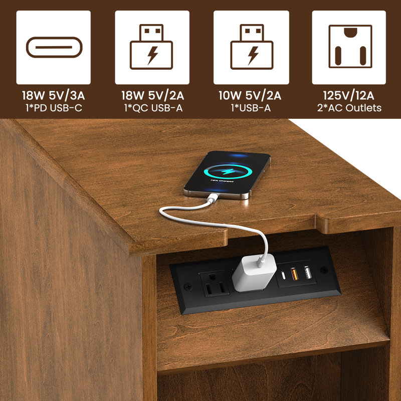 End Table with Storage and Built-In Outlets for Living Room,3 Drawer Nightstand for Bedroom,Office, Brown