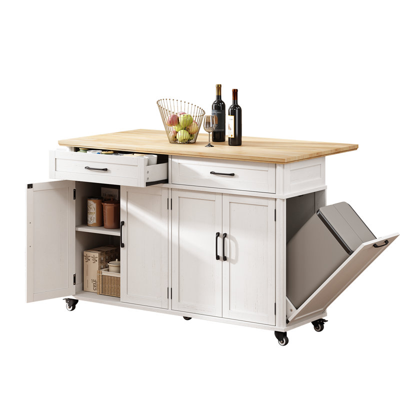 55" Kitchen Island with Kitchen Trash Cabinet, Lockable Wheels, 2 Large Drawers, and Spacious Storage Cabinets for Kitchen, Dining Room