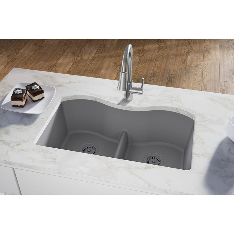 Quartz Classic 33" x 20" x 9-1/2" Double Basin Undermount Kitchen Sink, Greystone