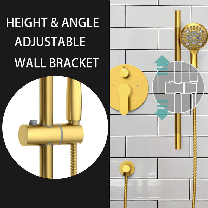 12 Inch Rain Shower Head And Handheld 6-Spray Combo Set With Slide Bar, Brushed Gold