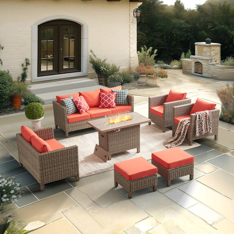 9 - Person Outdoor Wicker Patio Conversation Furniture Set With Fire Pit Table, Orange