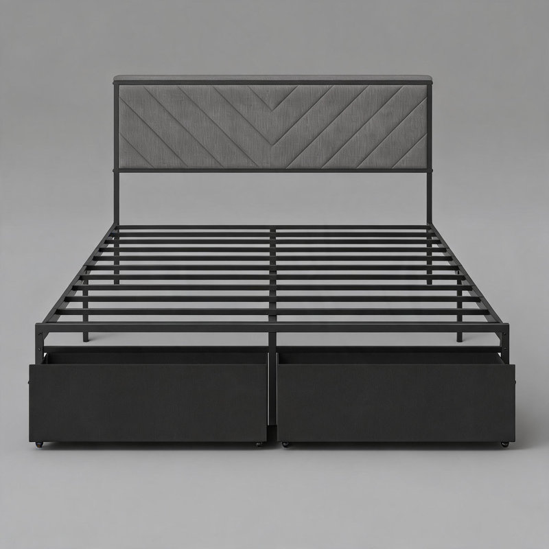 Cadre de lit double avec tiroir et borne de recharge, gris