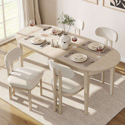 5 Piece Modern Dining Table Set, 73" Solid Wood Oval Dining Table With 4 Polyester Chairs, Dining Set With Fluted Apron For Kitchen & Dining Room