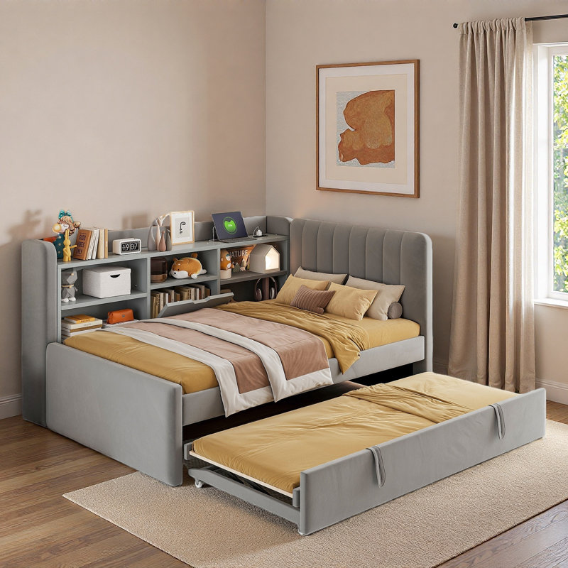 Upholstered Daybed With Trundle, Storage Shelves, Usb & Outlet And Vertical Striped Design, Gray